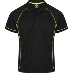 A black polo shirt with lime green piping and a logo on the chest area.