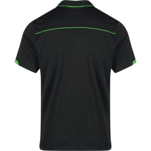 A black polo shirt with green accents and a logo on the back, featuring a classic collar and short sleeves.