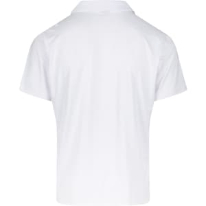 A white polo shirt featuring a classic collar and short sleeves, with a logo on the back.