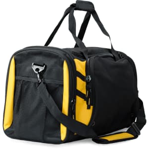 A black and yellow duffle bag with a mesh pocket and adjustable shoulder strap, featuring a logo.