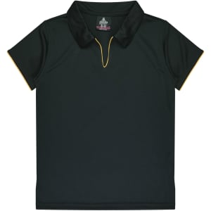 A dark green polo shirt with a yellow accent, featuring a collar and short sleeves, and a logo.