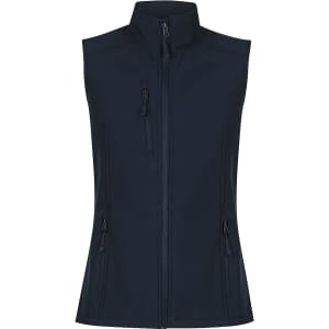 A navy vest with a high collar and multiple zippered pockets, featuring a logo. Ideal for workwear.
