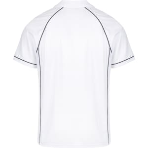A white men's polo shirt featuring black piping and a logo on the chest area.