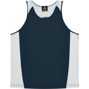 A dark navy blue and white singlet with a logo, featuring a classic sleeveless design.