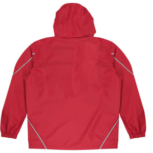 A red jacket with a hood, featuring elasticised cuffs and reflective detailing, presented from the rear view.