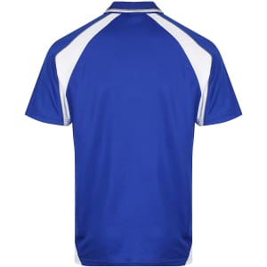 A blue polo shirt featuring white accents, designed with a classic collar and short sleeves. It has a logo on the front.