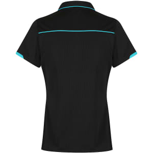 A black polo shirt with turquoise detailing and a logo, featuring a collared neckline and short sleeves.