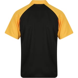 A polo shirt featuring a black body with yellow sleeves and a logo.