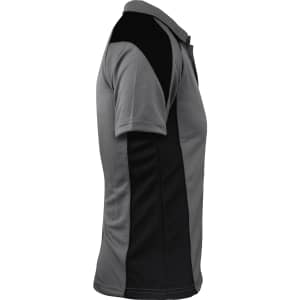 A grey and black polo shirt with a modern design and a logo on the front.