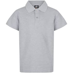 A grey polo shirt featuring short sleeves and a collar, with a three-button placket and a brand logo.
