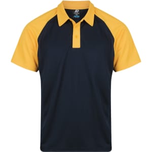 A navy and yellow polo shirt with a collar and short sleeves, featuring a logo on the chest.