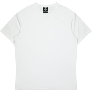 A white t-shirt with short sleeves and a round neckline, featuring a label inside.