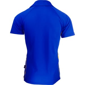 A blue men's polo shirt featuring yellow side accents and a collar. The back view highlights the shirt's design.