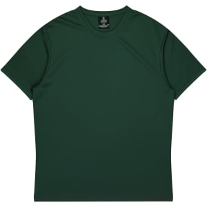A green t-shirt with a relaxed fit and a tag inside, featuring a branding logo.