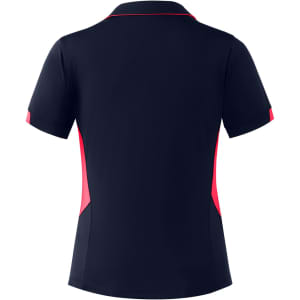 A navy polo shirt with pink accents and a logo, featuring a classic collar and short sleeves.
