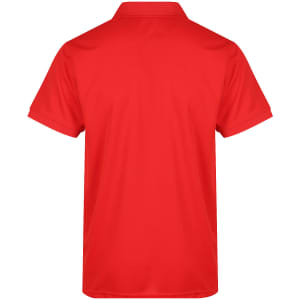 A red polo shirt with a collar and short sleeves, featuring a branding logo.