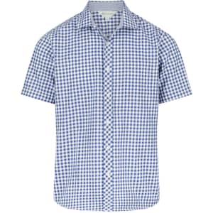 A short sleeve button-up shirt in blue and white gingham pattern, featuring a logo on the chest.