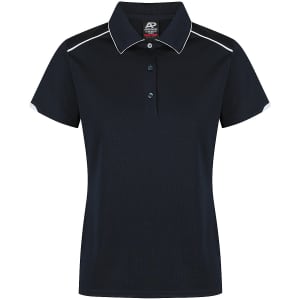 A navy blue polo shirt featuring a collar, buttons, and contrasting white accents. It has a brand logo.