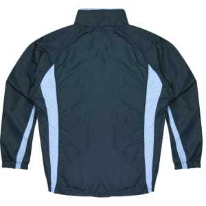 A dark teal track top with light blue side panels, featuring a high collar and long sleeves.