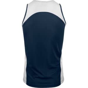 A navy and white men's singlet with a fitted design, featuring a logo on the back.