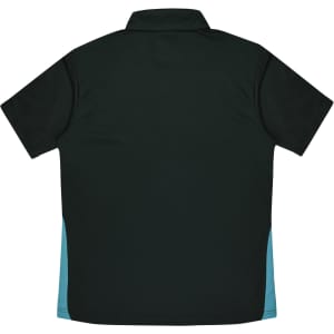 A dark green polo shirt with short sleeves and aqua side panels. The shirt features a collar and a logo.