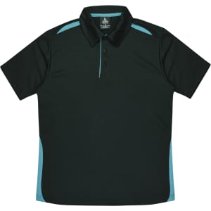 A dark green polo shirt with light blue accents and a collar, featuring a logo.