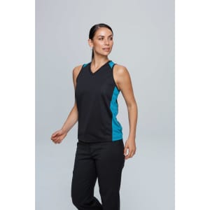 A black singlet with teal accents and a V-neck design, featuring a logo on the side.