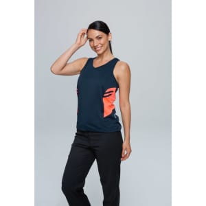 A sleeveless navy singlet with orange accents, featuring a logo on the front. The model is smiling and posing.