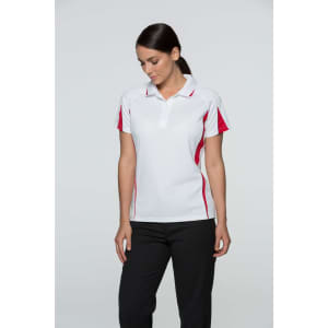 A polo shirt in white with red accents, featuring short sleeves and a collar. Includes a logo on the chest.