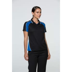 A black polo shirt with blue accents and a logo, modelled by a woman standing against a plain background.