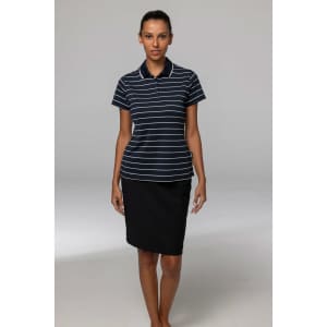 A navy and white striped polo shirt is worn by a model standing against a plain background, paired with a black skirt.