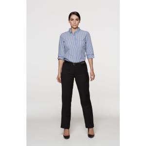 A woman wearing a blue and white checked shirt with black classic pants, standing straight in a neutral background.