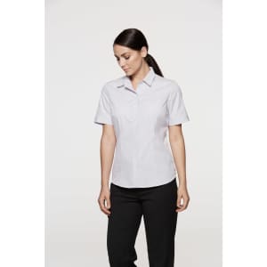 A short-sleeve button-up shirt in light pink with a subtle stripe pattern, featuring a collar and a fitted design.