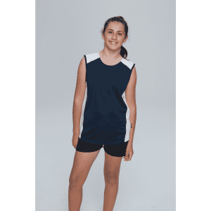 A navy blue singlet with white accents, featuring a logo, modelled by a young girl.