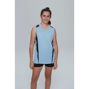 A light blue singlet with black detailing, designed for children, featuring a logo on the fabric.