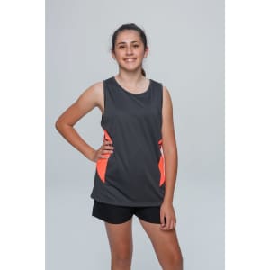 A model wearing a grey singlet with orange accents, paired with black shorts. The singlet features a logo.