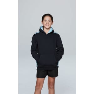A child wearing a black hoodie with light blue accents, featuring a front pocket and a hood.