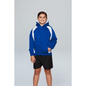 A child wearing a blue hoodie with white accents, featuring a front pocket and a hood.