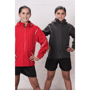 Two children wearing jackets; one in red and the other in black, both standing confidently with hands on hips.