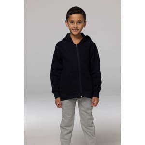 A navy zip-up hoodie for kids, featuring a hood and front pockets, modelled by a young boy in grey pants.