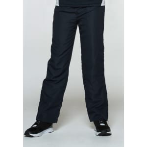 Dark navy track pants with a relaxed fit, featuring a logo on the fabric. Ideal for casual wear.