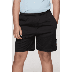 Black sports shorts with an elastic waistband, featuring pockets and a logo on the side. Ideal for kids' activities.