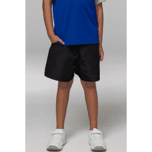 Black sports shorts on a child, paired with a blue shirt and white sneakers. The shorts feature a logo.