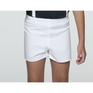 White rugby shorts with an elastic waistband and a logo on the side. Suitable for kids' sportswear.