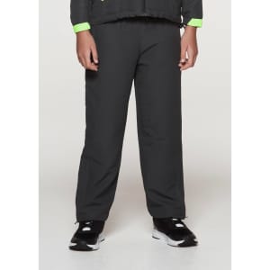 Track pants in black with a fitted design, featuring a logo. Suitable for kids, with a comfortable fit.