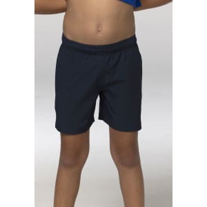 A pair of navy shorts designed for kids, featuring an elastic waistband and a simple, sporty style.