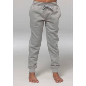 Tapered fleece kids' pants in grey, featuring an elastic waistband and pockets, suitable for casual wear.