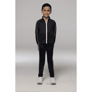 A black kids' jacket with white stripes, paired with matching pants, displayed on a young model.