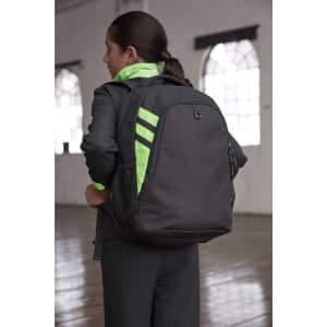 A black backpack with bright green stripes and a logo, featuring mesh side pockets and adjustable straps.