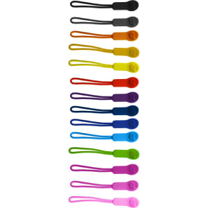 A collection of colourful zip pullers arranged vertically, featuring various vibrant shades including black, orange, yellow, purple, and pink.